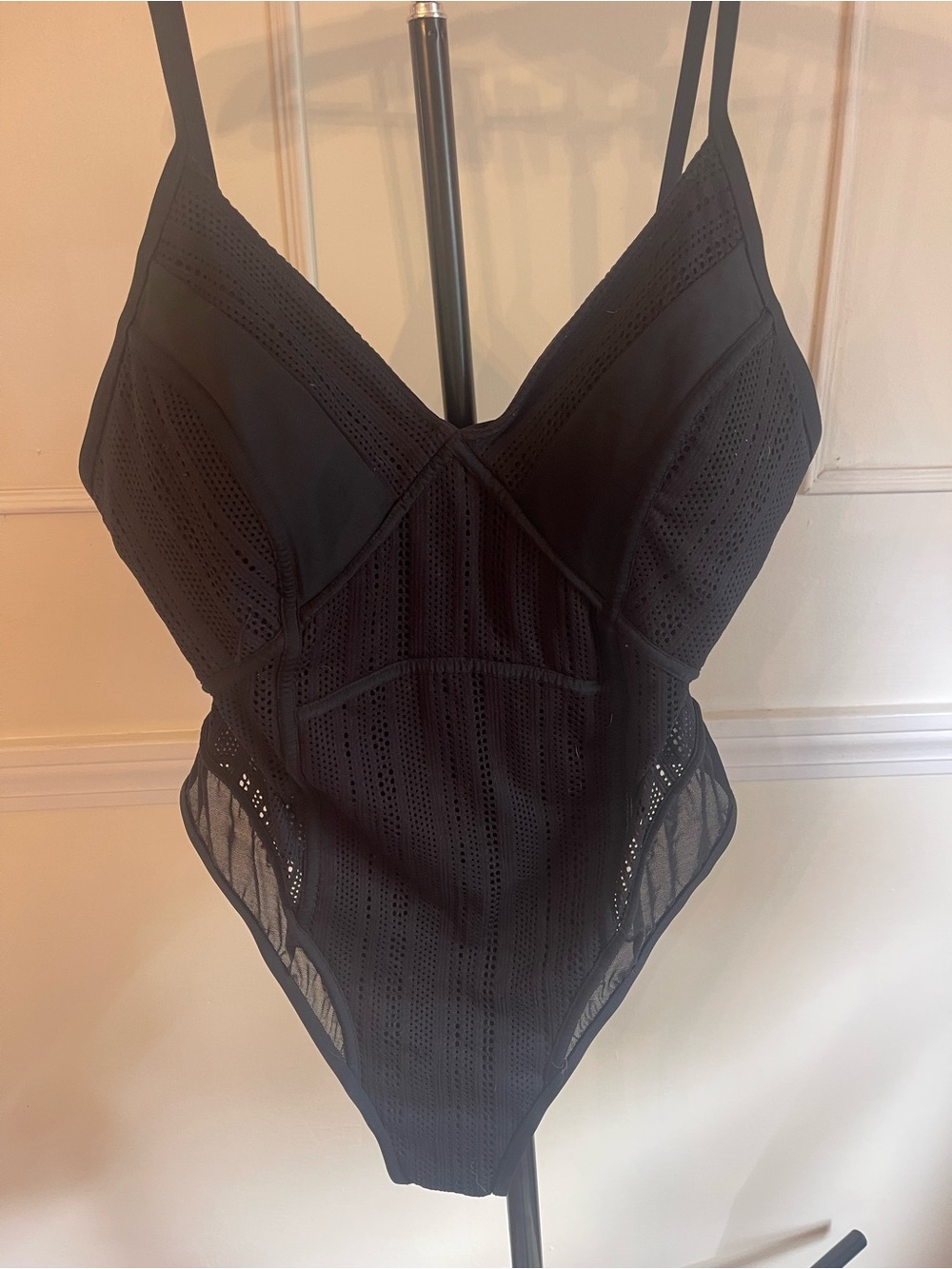 Black Mesh-Panel One-Piece Swimsuit with V-Neck